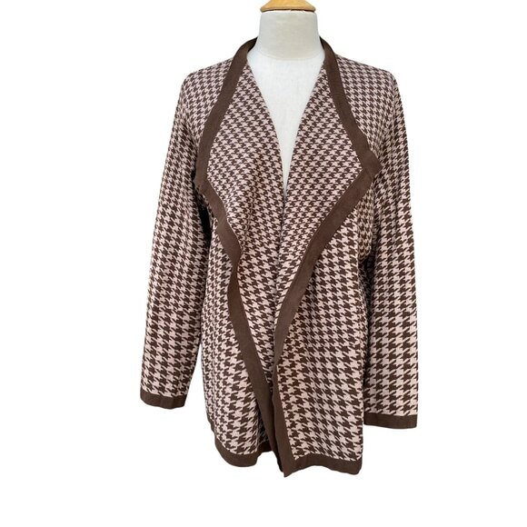 Dennis Basso Houndstooth Cardigan Brown Long Dark Academia Preppy Old Money-L - Picture 13 of 13
